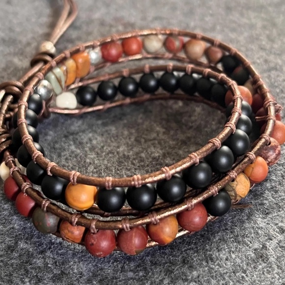 Double Wrap Leather Bracelet - Red Creek Jasper, Black Onyx, Sterling Silver - Picture 3 of 8